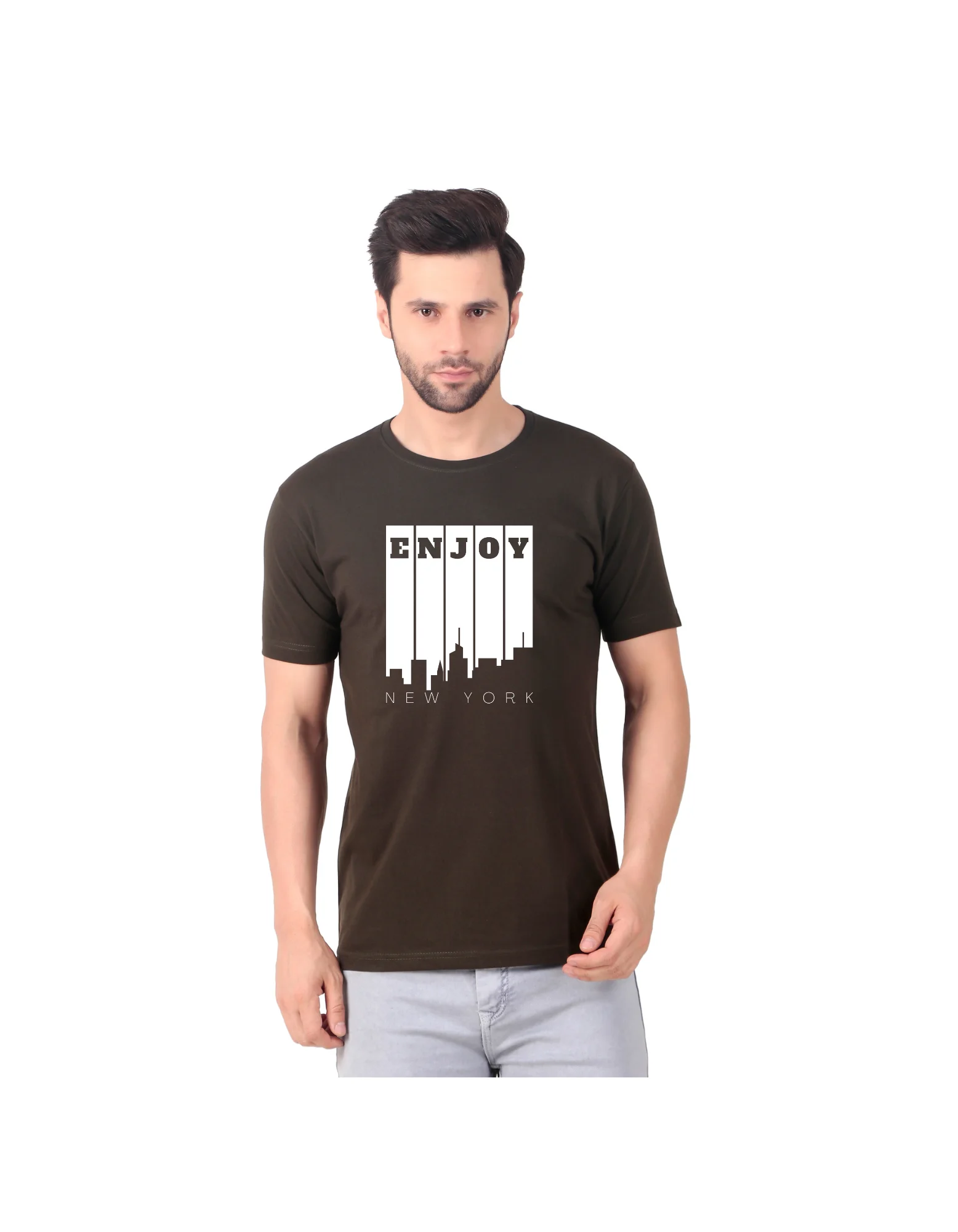 Fabstieve men Solid Round Neck Pure Cotton Brown (Vk-219_Print-46)