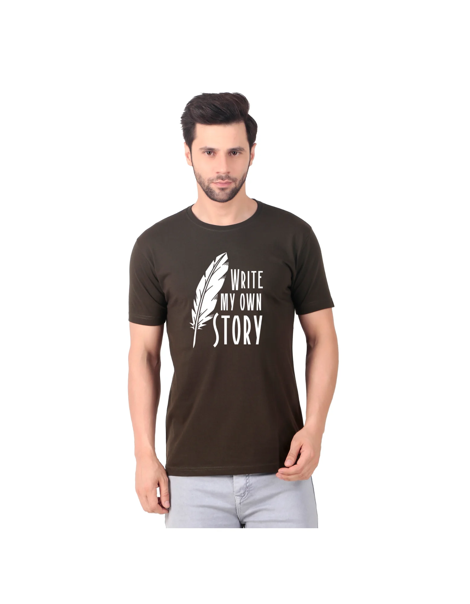 Fabstieve men Solid Round Neck Pure Cotton Brown (Vk-219_Print-50)
