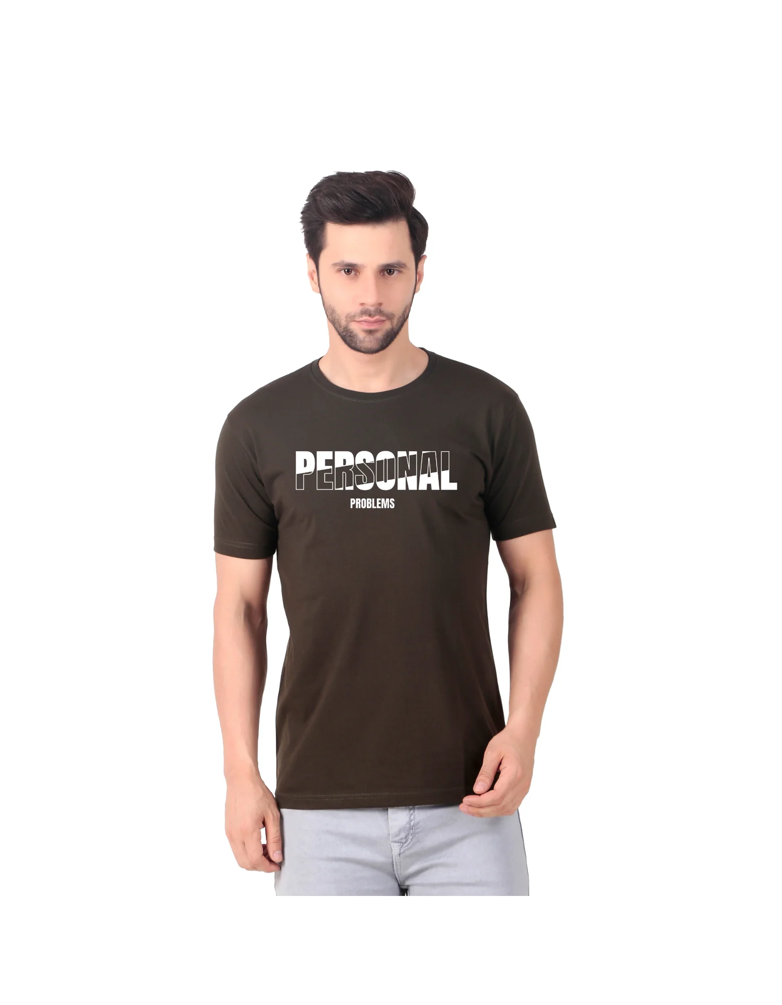 Fabstieve men Solid Round Neck Pure Cotton Brown (Vk-219_Print-63)