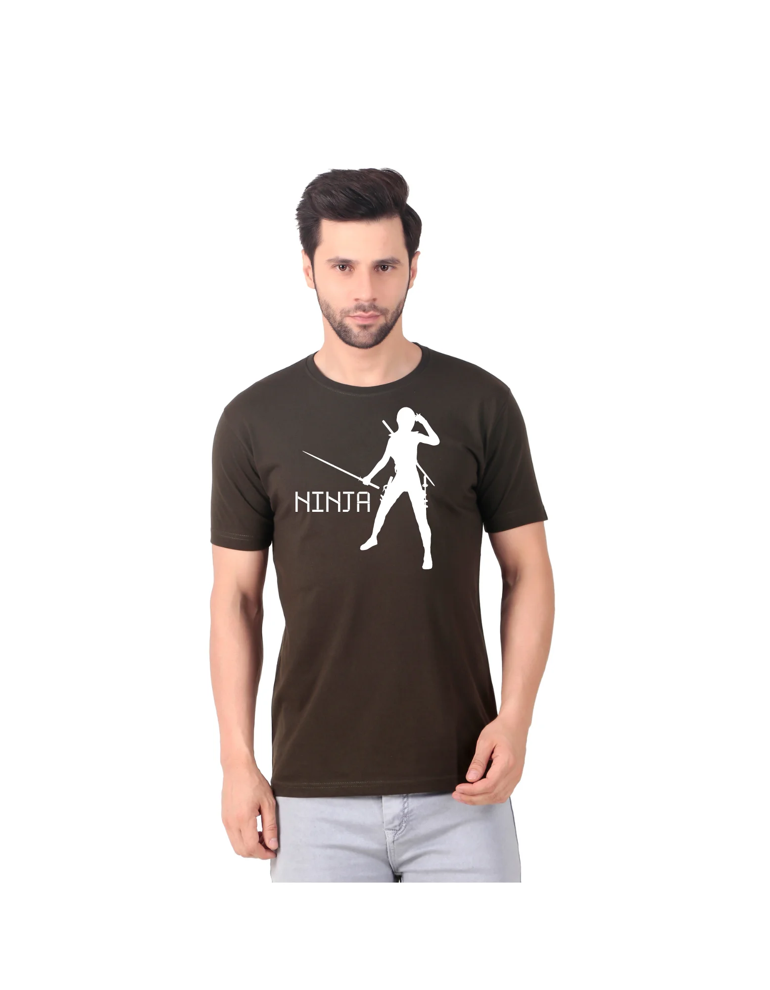 Fabstieve men Solid Round Neck Pure Cotton Brown (Vk-219_Print-77)