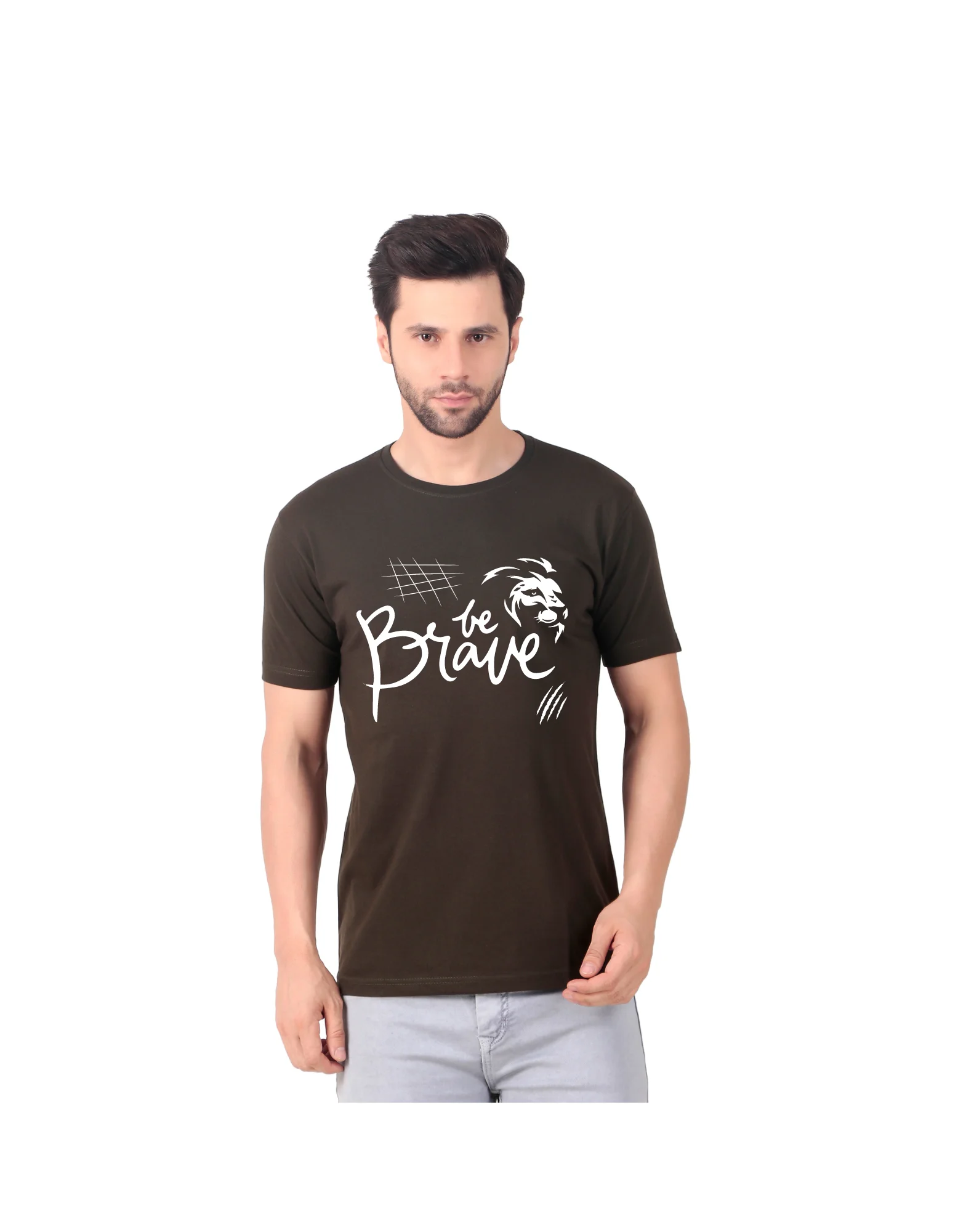 Fabstieve men Solid Round Neck Pure Cotton Brown (Vk-219_Print-130)