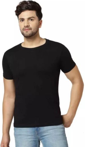 Black Cotton Blend Solid T-Shirt For Men