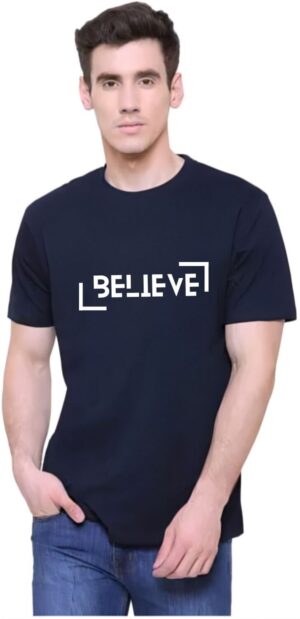 Navy Blue Cotton Blend Printed T-Shirt For Men