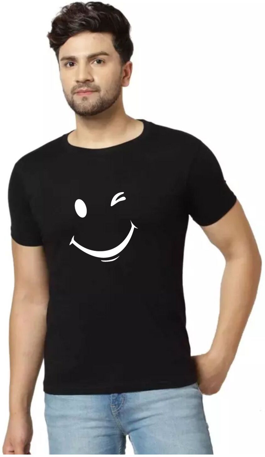 Black Cotton Blend Printed T-Shirt For Men