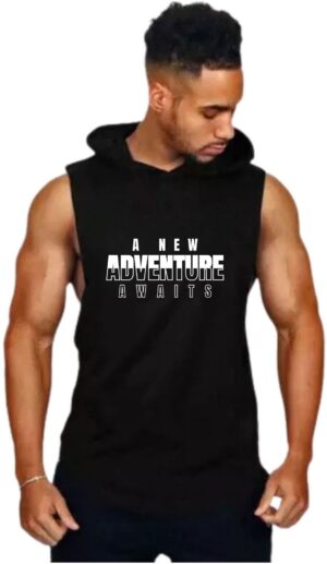 Black Polyester Blend Solid Vest For Men