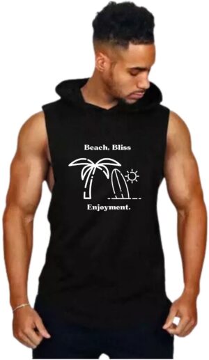 Black Polyester Blend Solid Vest For Men