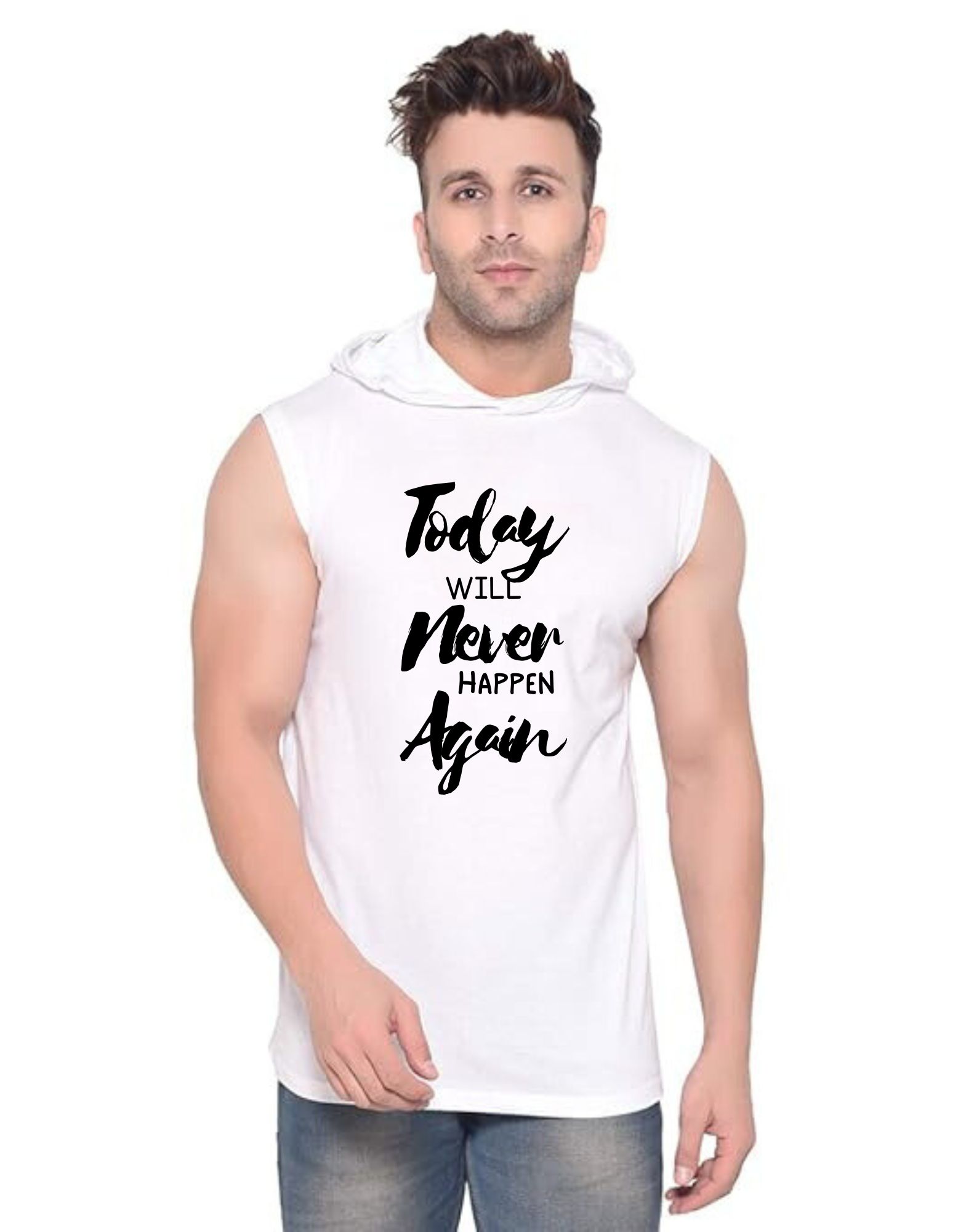 White Polyester Printed Gym Vest For Men