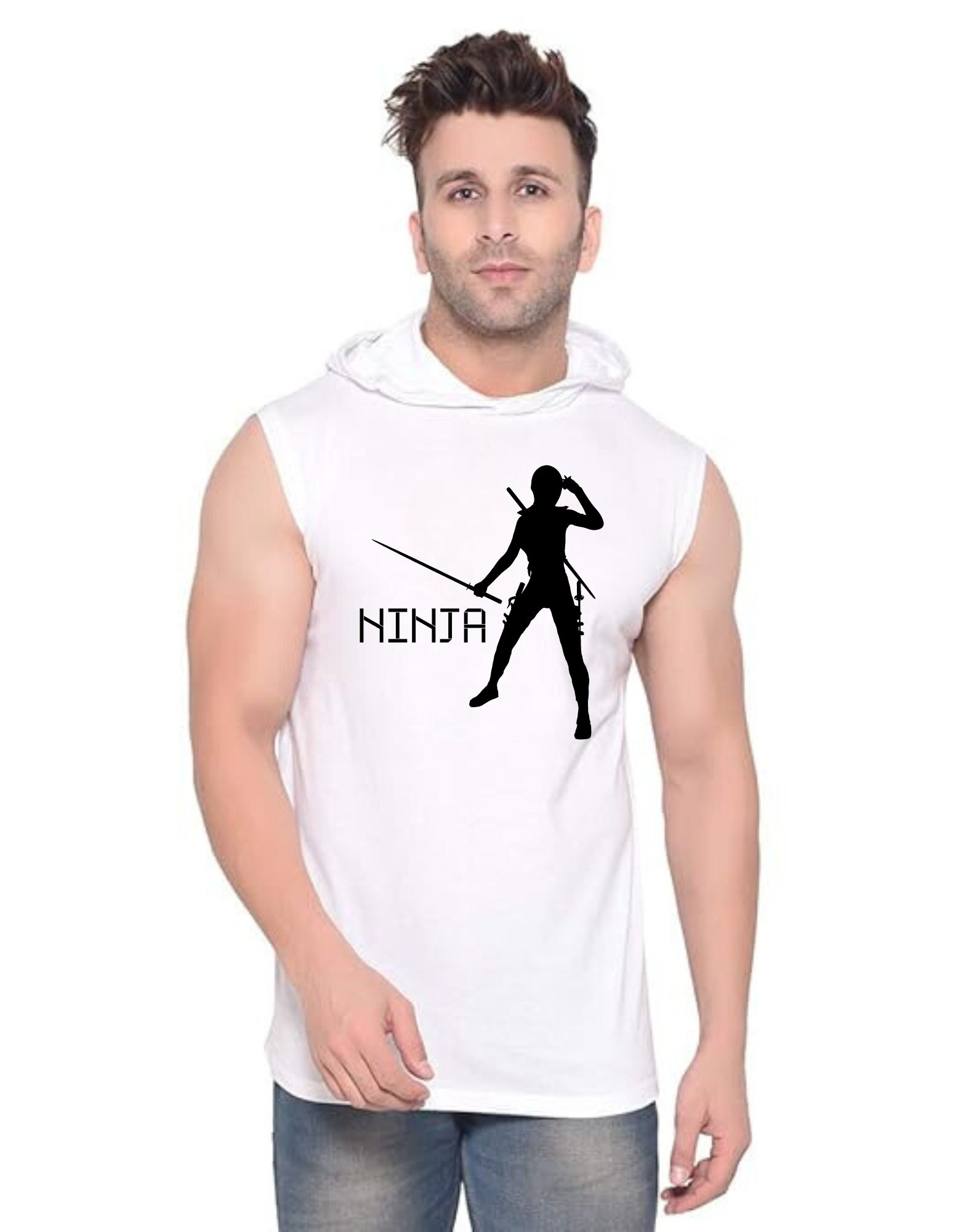 White Polyester Printed Gym Vest For Men