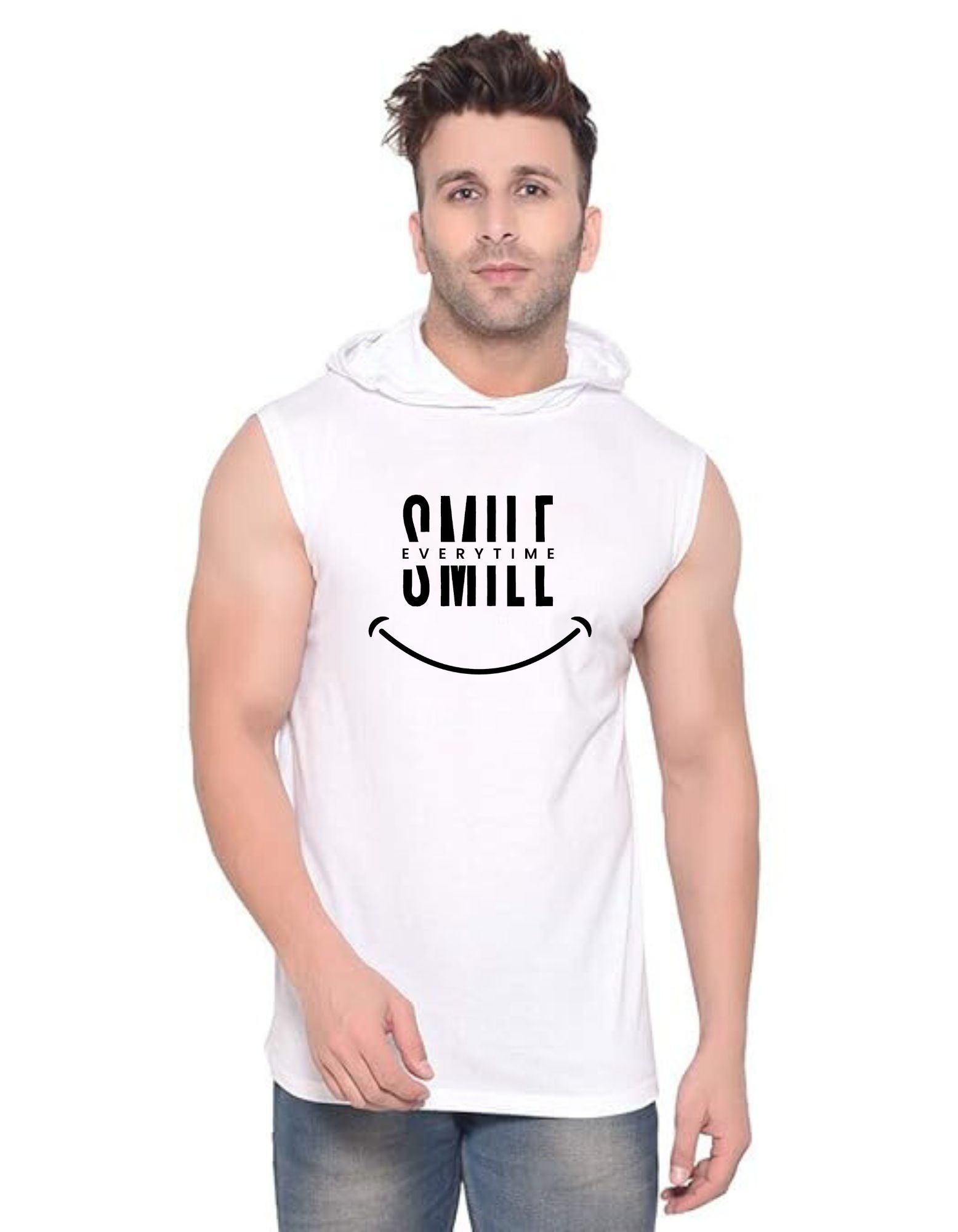 White Polyester Printed Gym Vest For Men