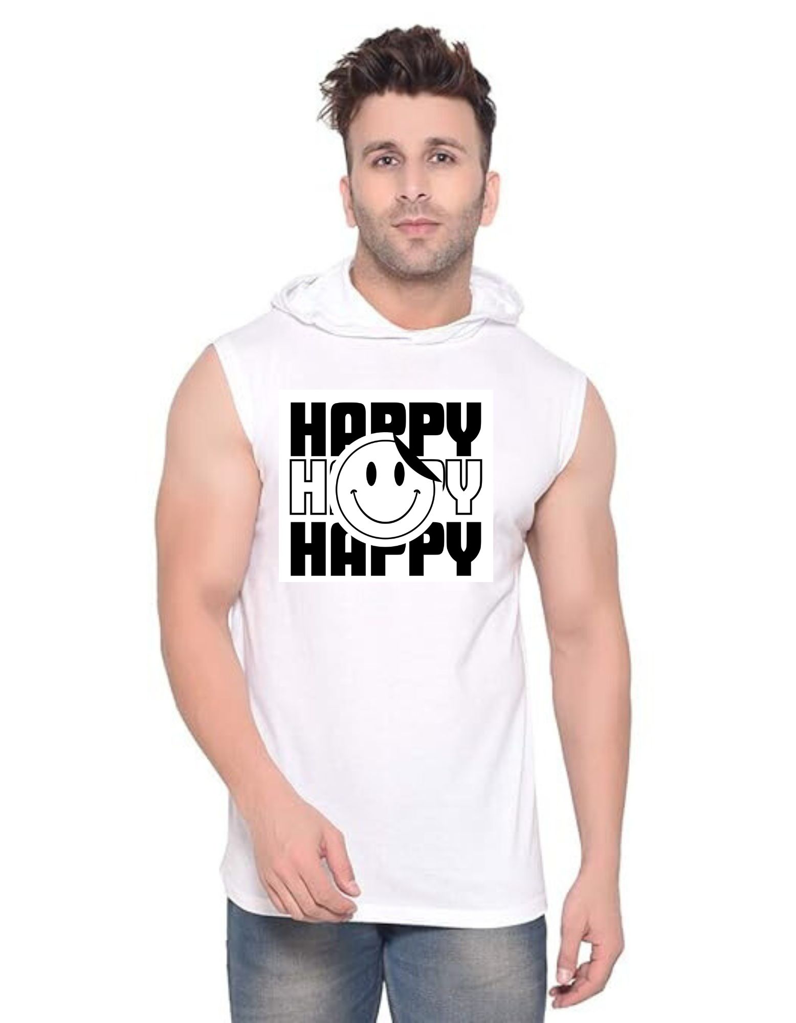 White Polyester Printed Gym Vest For Men